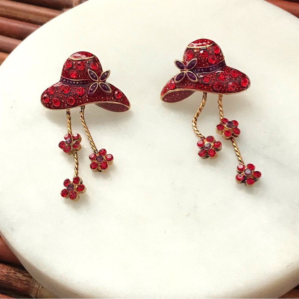Red Hat Rhinestone Gold Tone Earrings